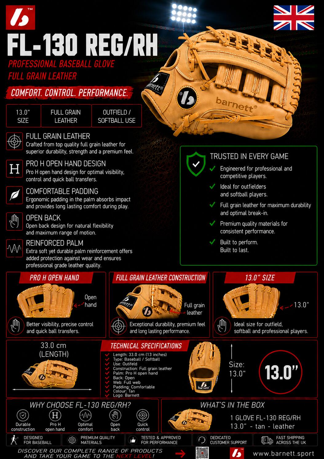 FL-130 REG Professionele honkbalhandschoen, volnerf leer, rechtshandig 7/7