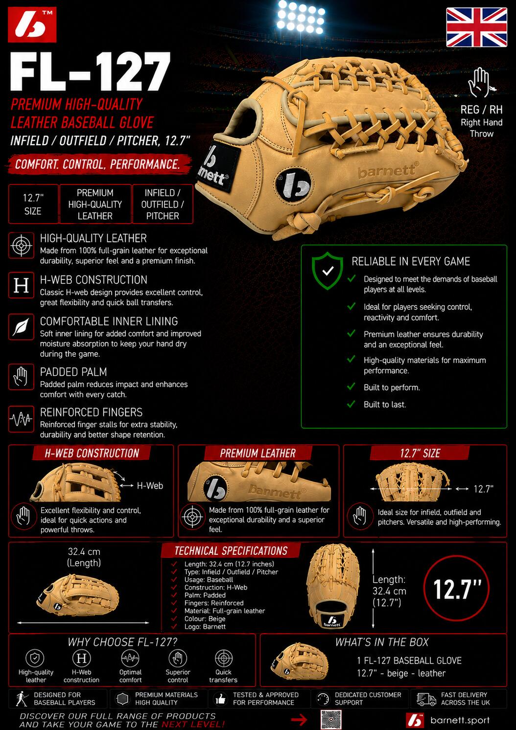 FL-127 gant de baseball cuir haute qualité infield/outfield/pitcher, 12.7" beige 7/7