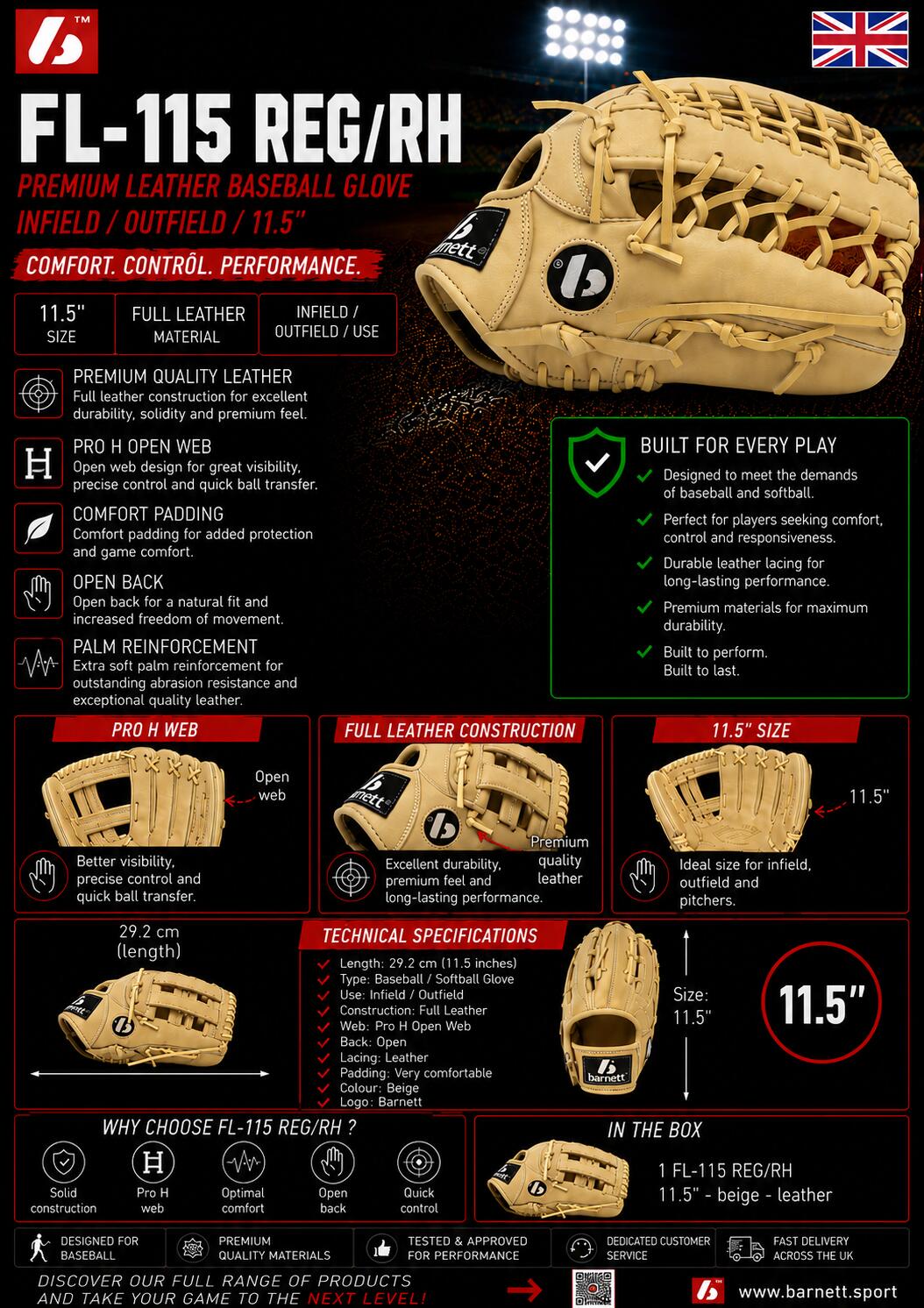 FL-115 gant de baseball cuir haute qualité infield/outfield 11.5" beige 7/7