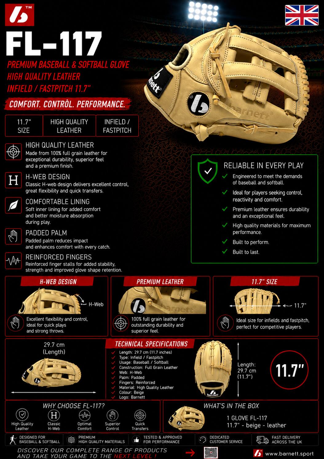 Baseballhandschoen FL-117 - Hoogwaardige leren infield/fastpitch 11.7" 7/7