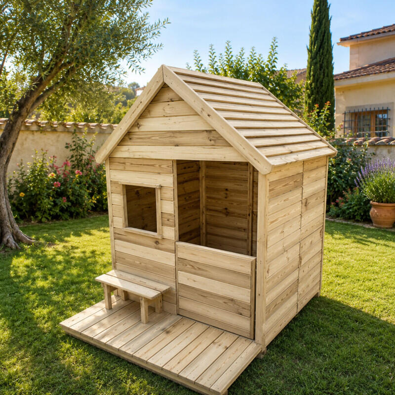 Cabane en bois traité avec terrasse et banc HEIDI 2/5