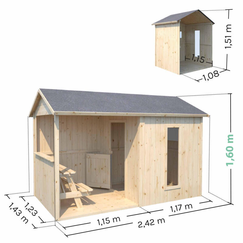 Cabane en bois avec préau et table de jeu JAZZ 3/5