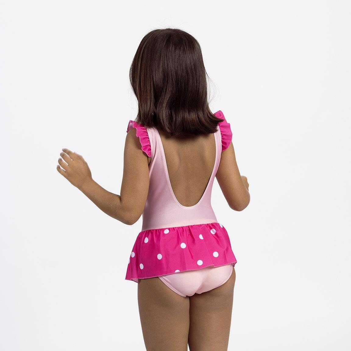Maiô infantil Hello Kitty com babados e saia, em poliéster e elastano, rosa. 3/5