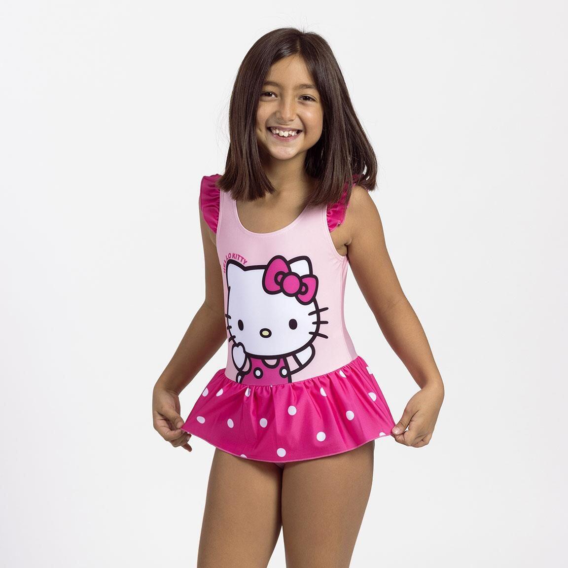Maiô infantil Hello Kitty com babados e saia, em poliéster e elastano, rosa. 4/5