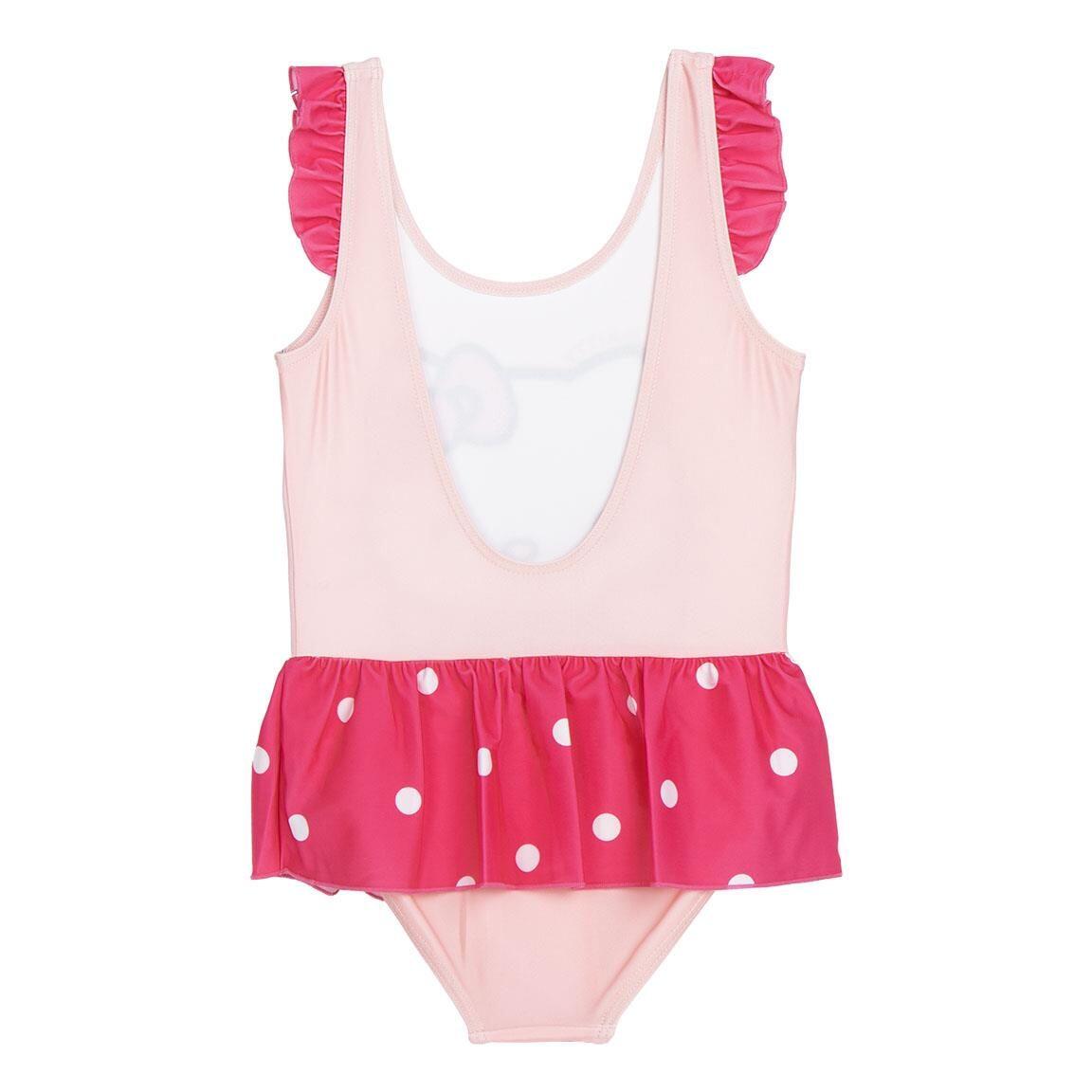 Maiô infantil Hello Kitty com babados e saia, em poliéster e elastano, rosa. 2/5