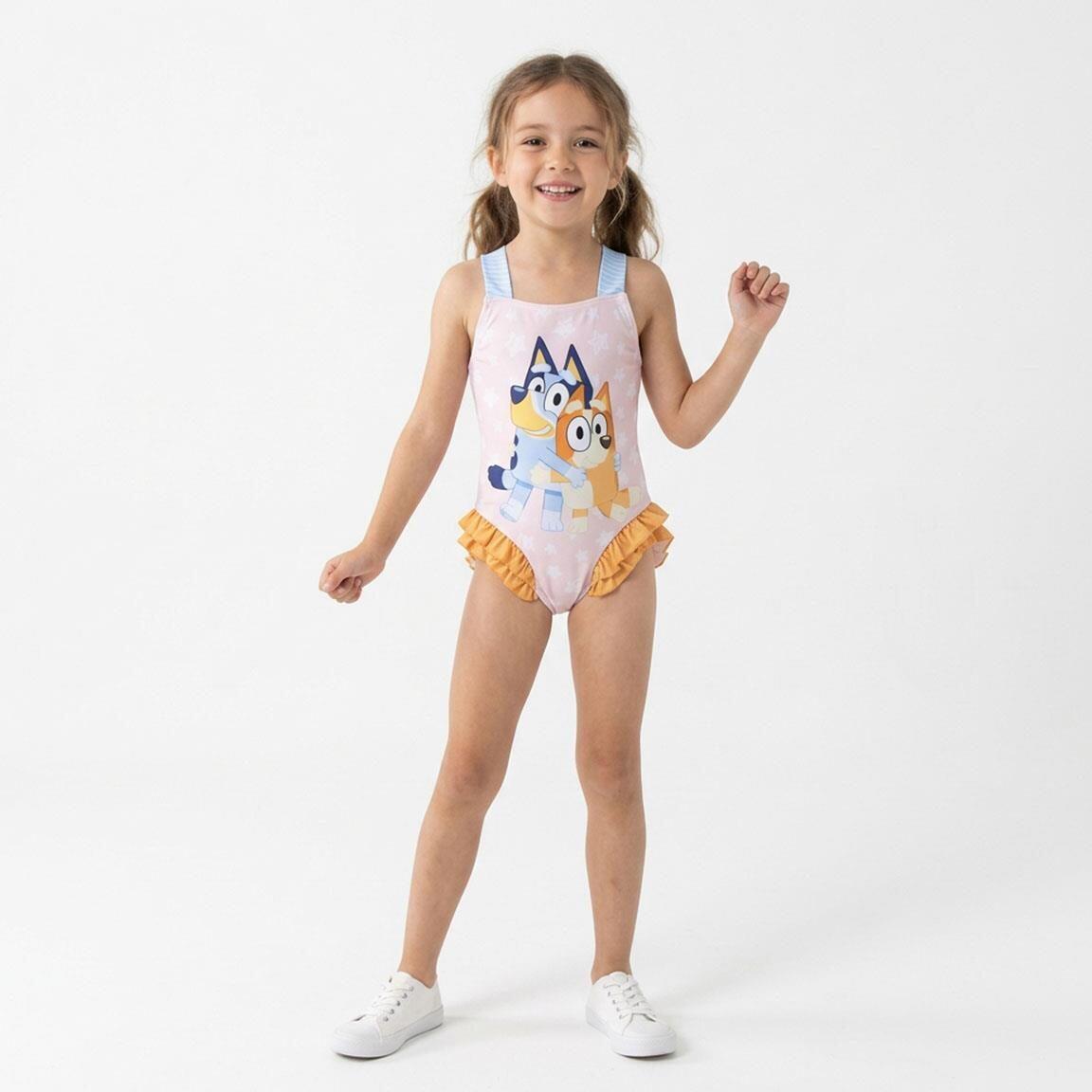 Maiô infantil Bluey com babados e laço nas costas, poliéster multicolorido 4/6