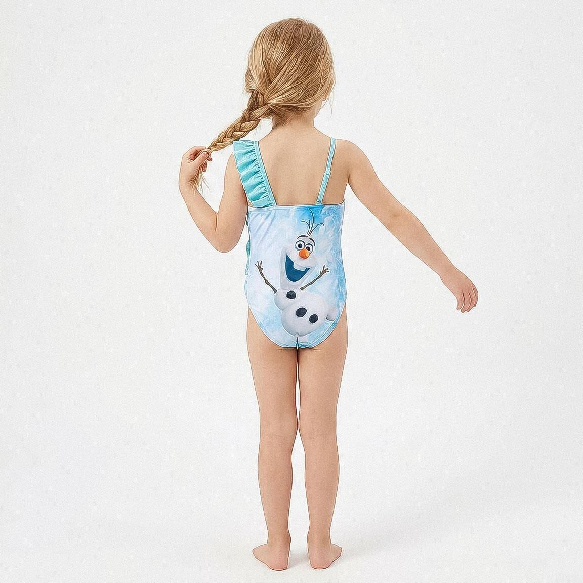 Maiô infantil Frozen com babado lateral e alças, azul claro. 5/6