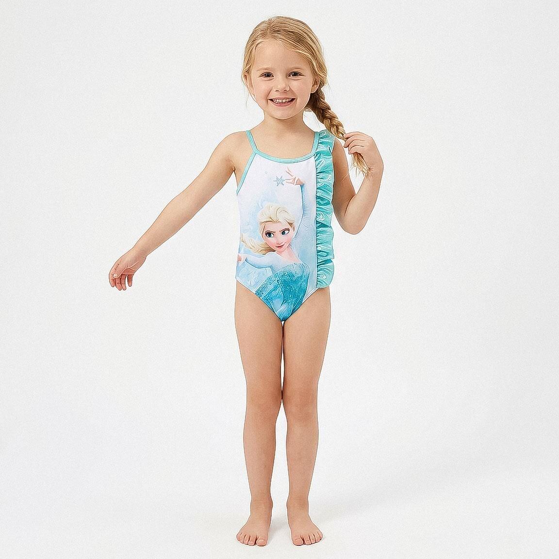 Maiô infantil Frozen com babado lateral e alças, azul claro. 4/6