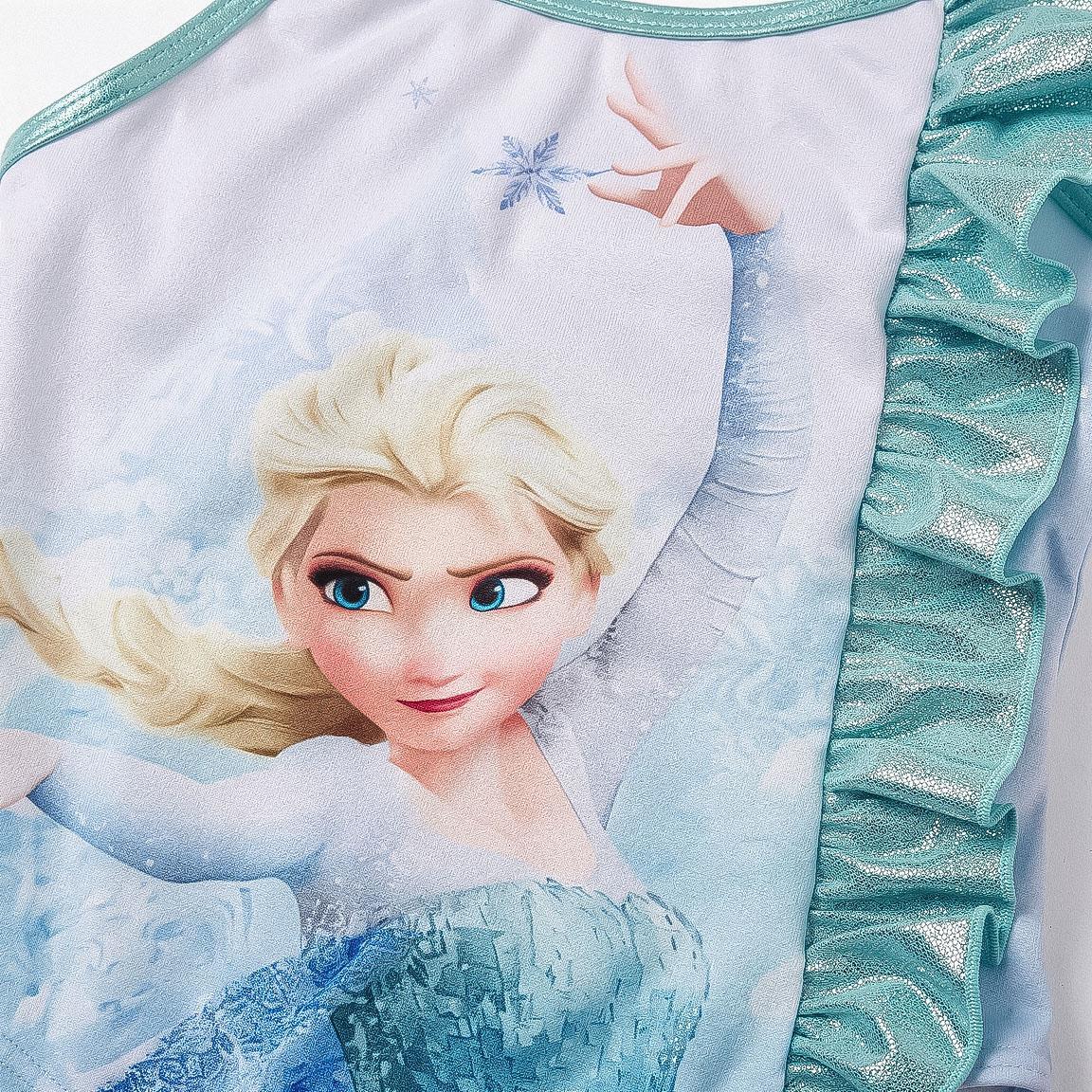 Maiô infantil Frozen com babado lateral e alças, azul claro. 3/6