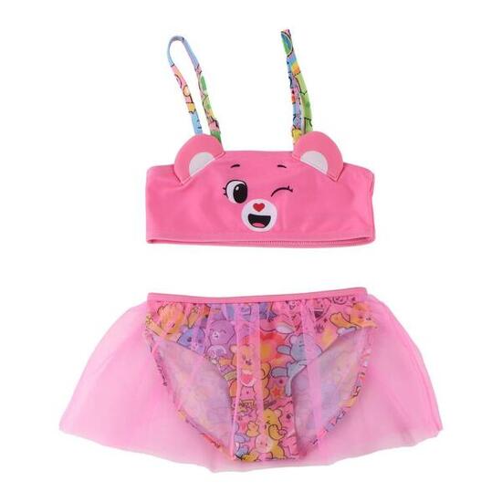 Bikini enfant Bisounours rose avec jupe en tulle et bretelles imprimées