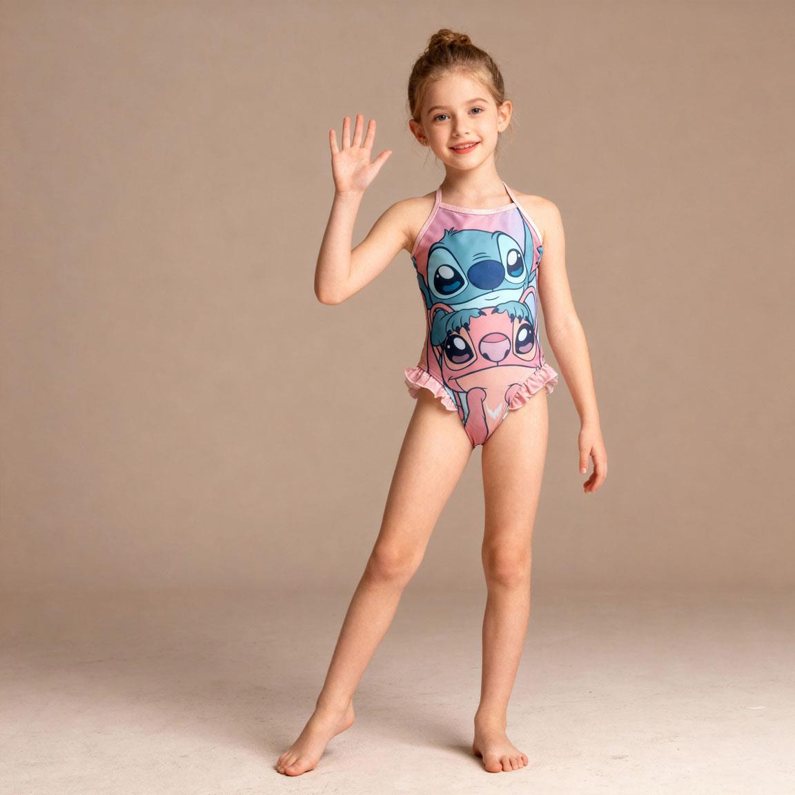 Maiô infantil Stitch com babados laterais e alças multicoloridas. 5/6