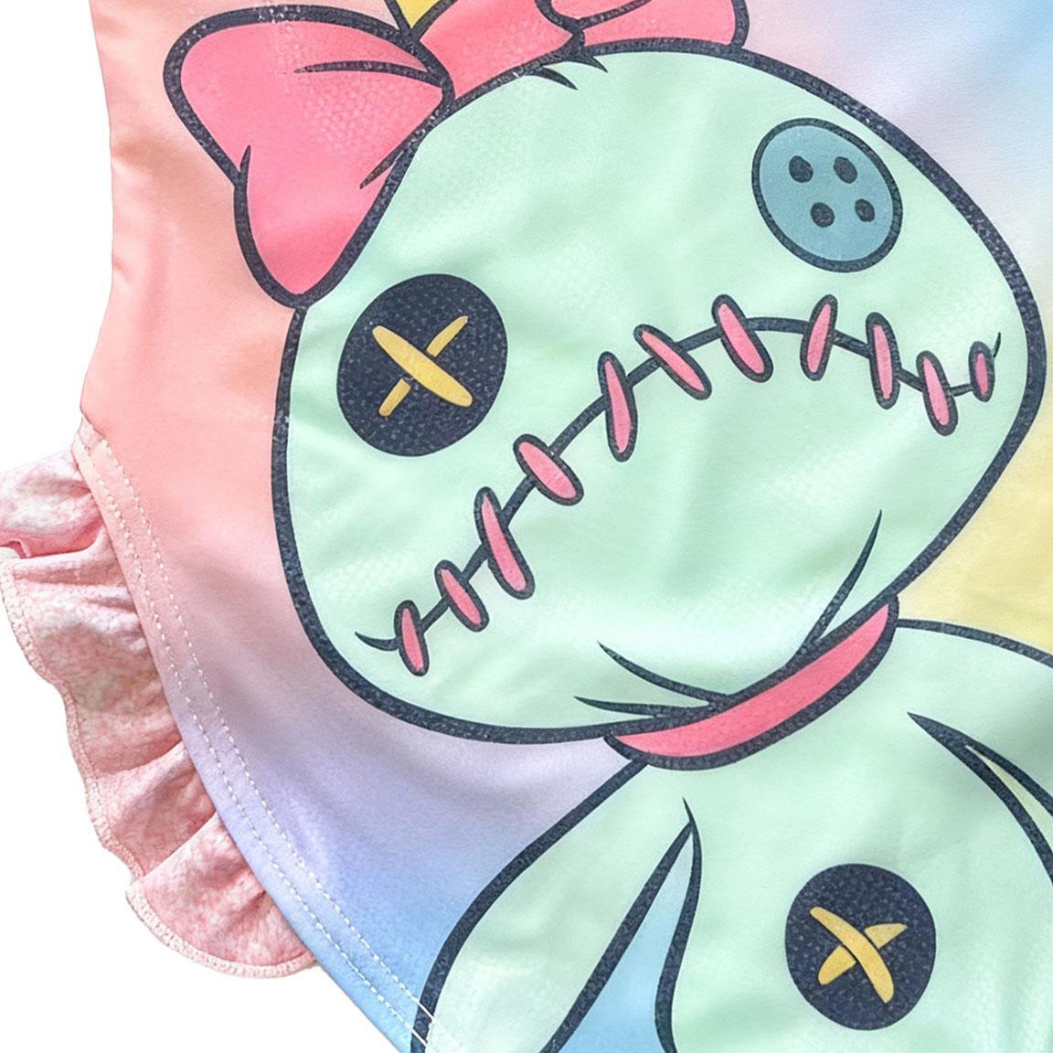 Maiô infantil Stitch com babados laterais e alças multicoloridas. 4/6