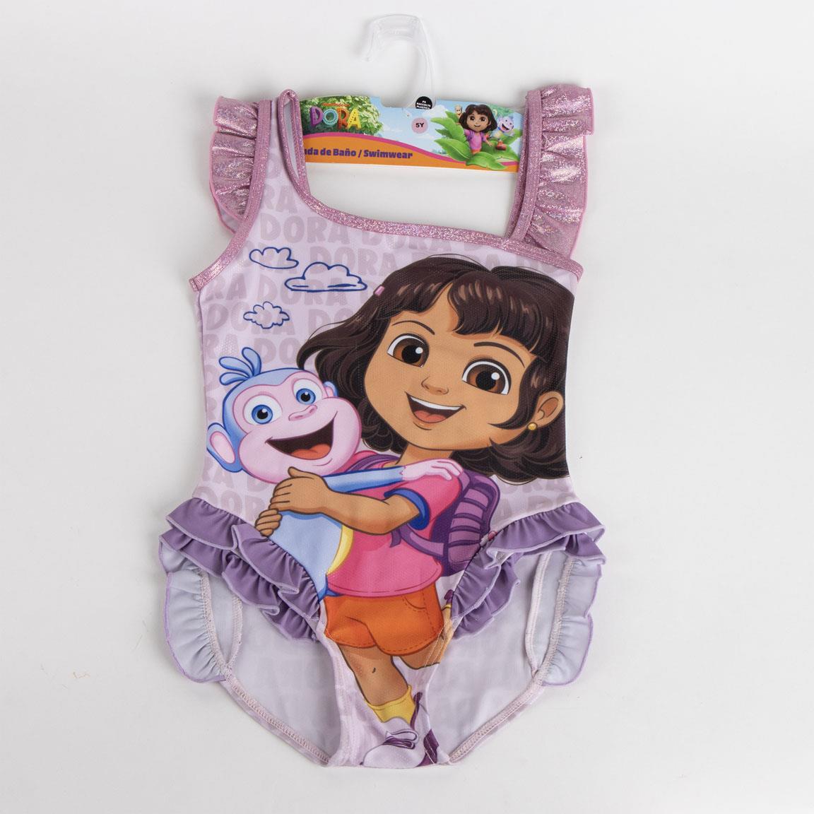 Maiô infantil Dora Aventureira com babados e alças, lilás com glitter 5/5