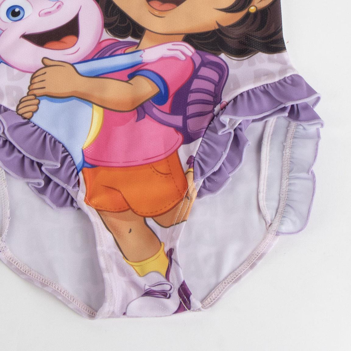 Maiô infantil Dora Aventureira com babados e alças, lilás com glitter 4/5