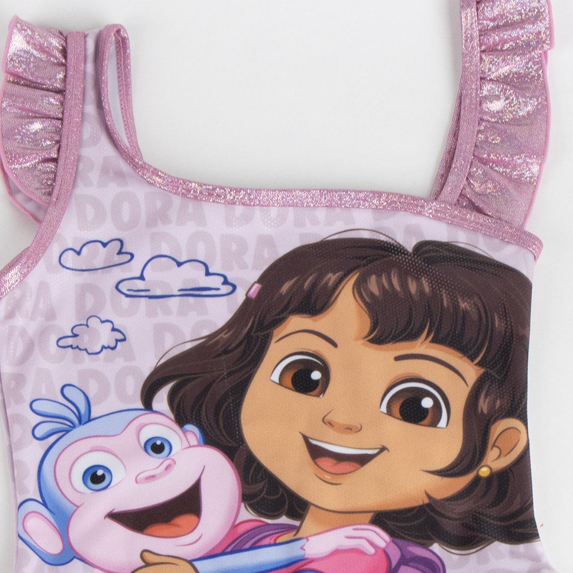 Maiô infantil Dora Aventureira com babados e alças, lilás com glitter 3/5