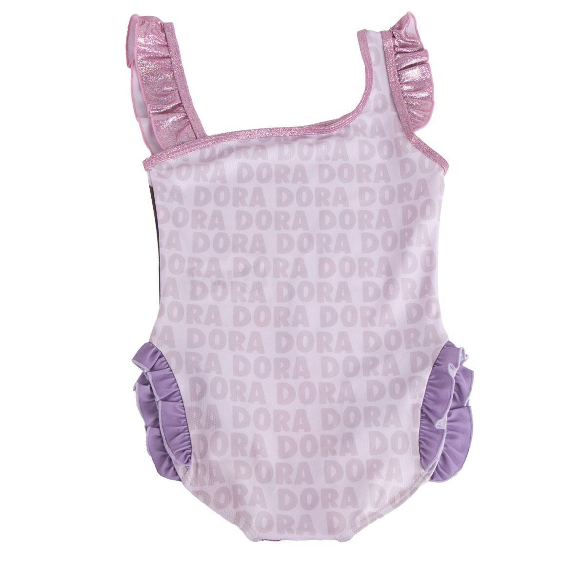 Maiô infantil Dora Aventureira com babados e alças, lilás com glitter 2/5