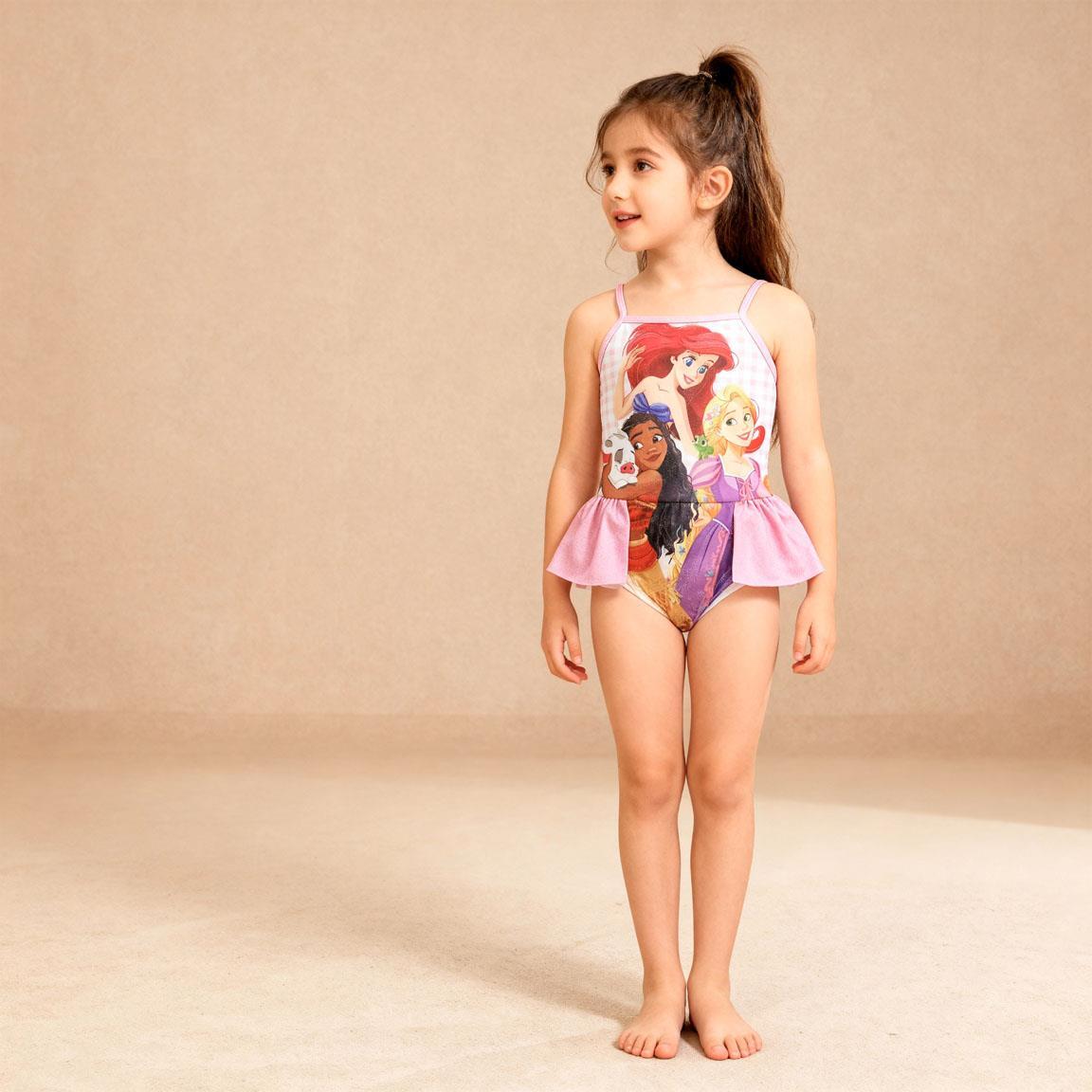 Maiô infantil da Pequena Sereia com babados, rosa claro, em poliéster. 5/6