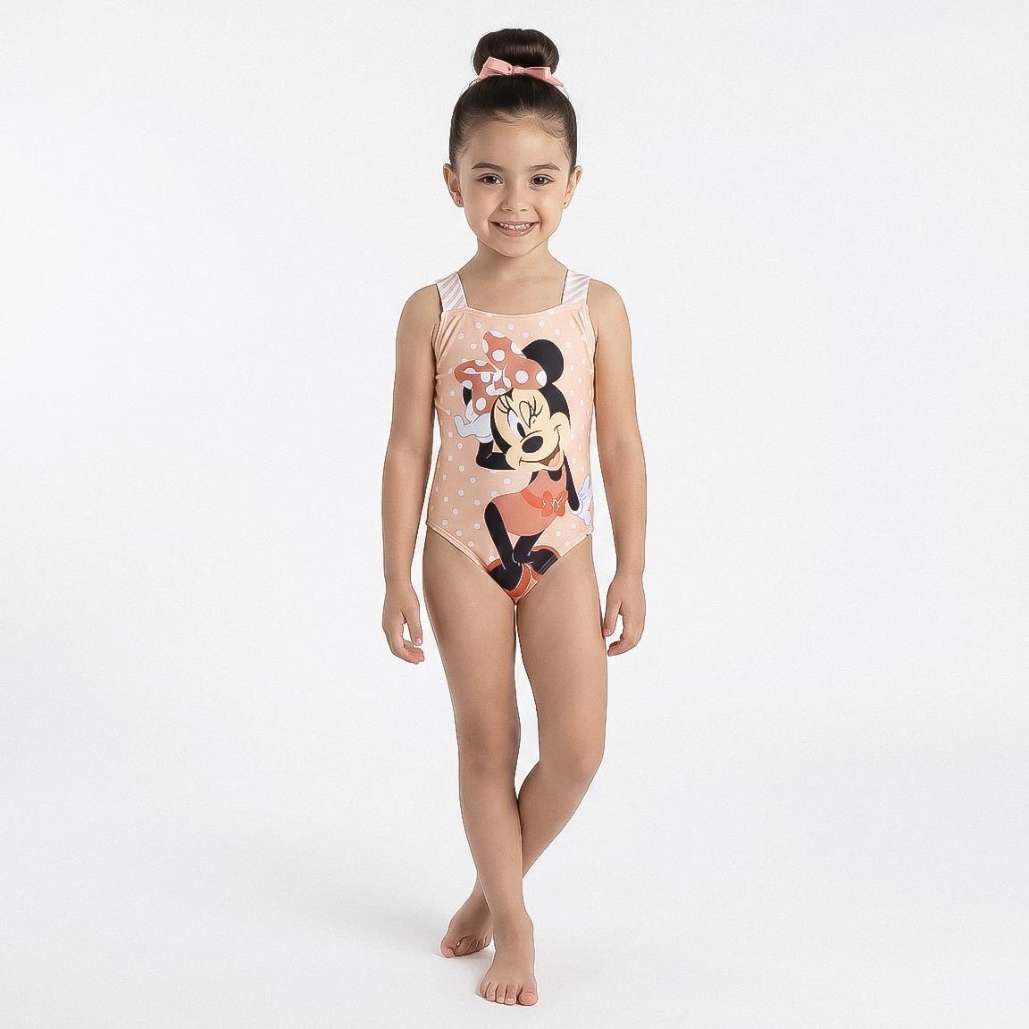Maiô infantil da Minnie Mouse com laço nas costas e alças listradas em coral. 6/6