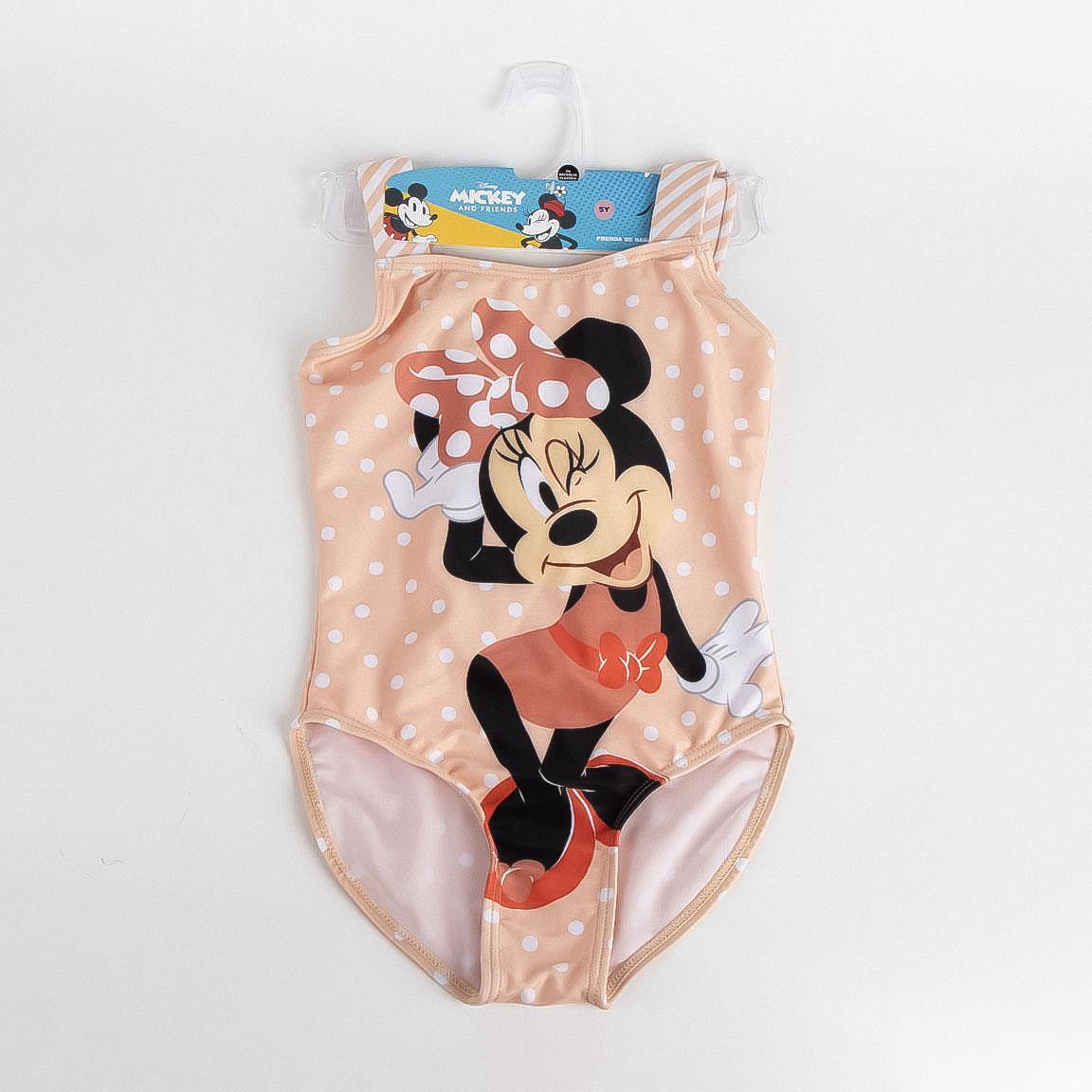 Maiô infantil da Minnie Mouse com laço nas costas e alças listradas em coral. 5/6