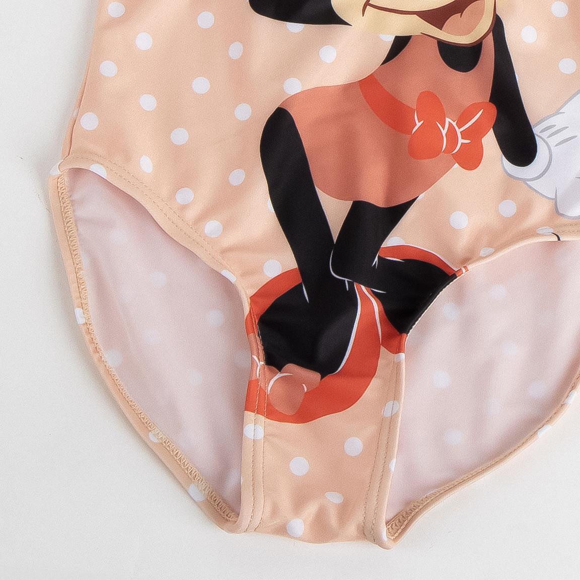 Maiô infantil da Minnie Mouse com laço nas costas e alças listradas em coral. 4/6