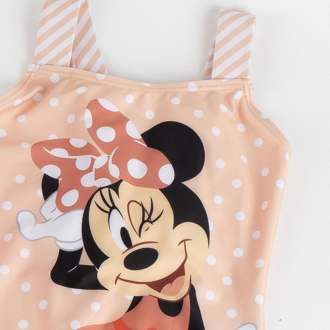 Maiô infantil da Minnie Mouse com laço nas costas e alças listradas em coral. 3/6