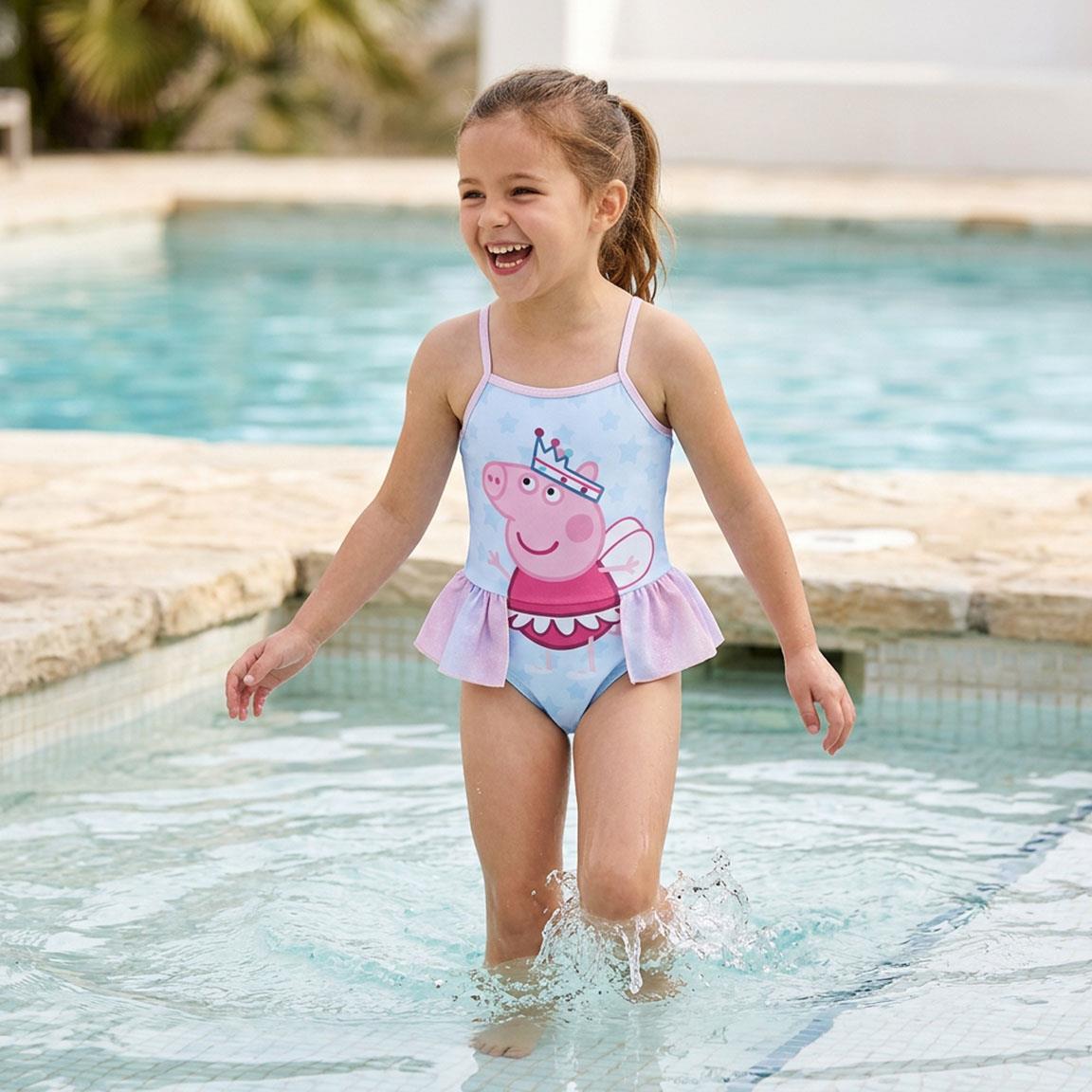 Maiô infantil Peppa Pig com babados e alças, poliéster azul claro. 6/6