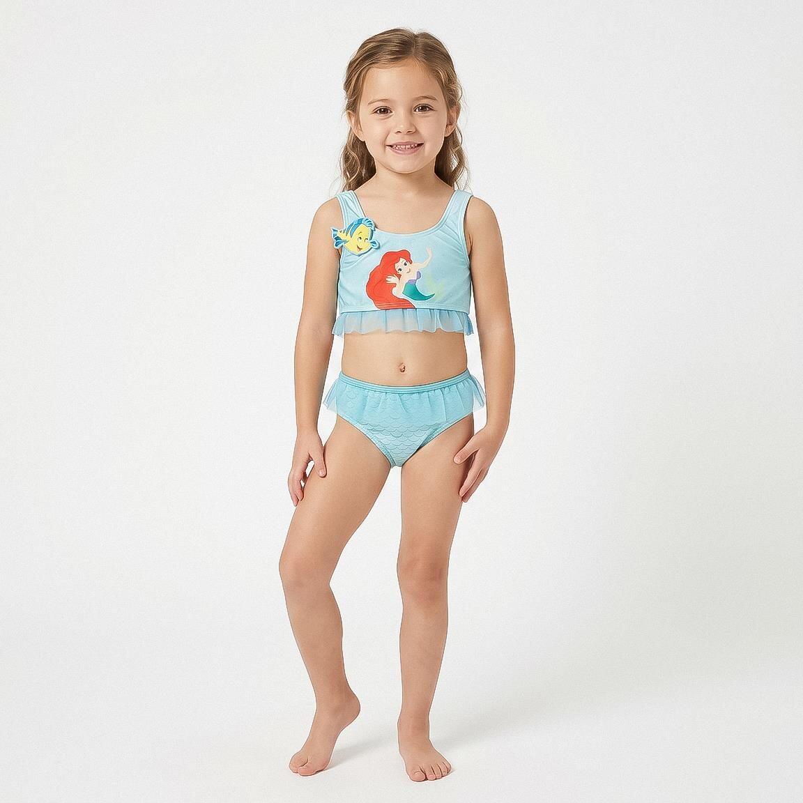 Biquíni infantil estilo princesa, em poliéster e elastano com babado turquesa. 6/6
