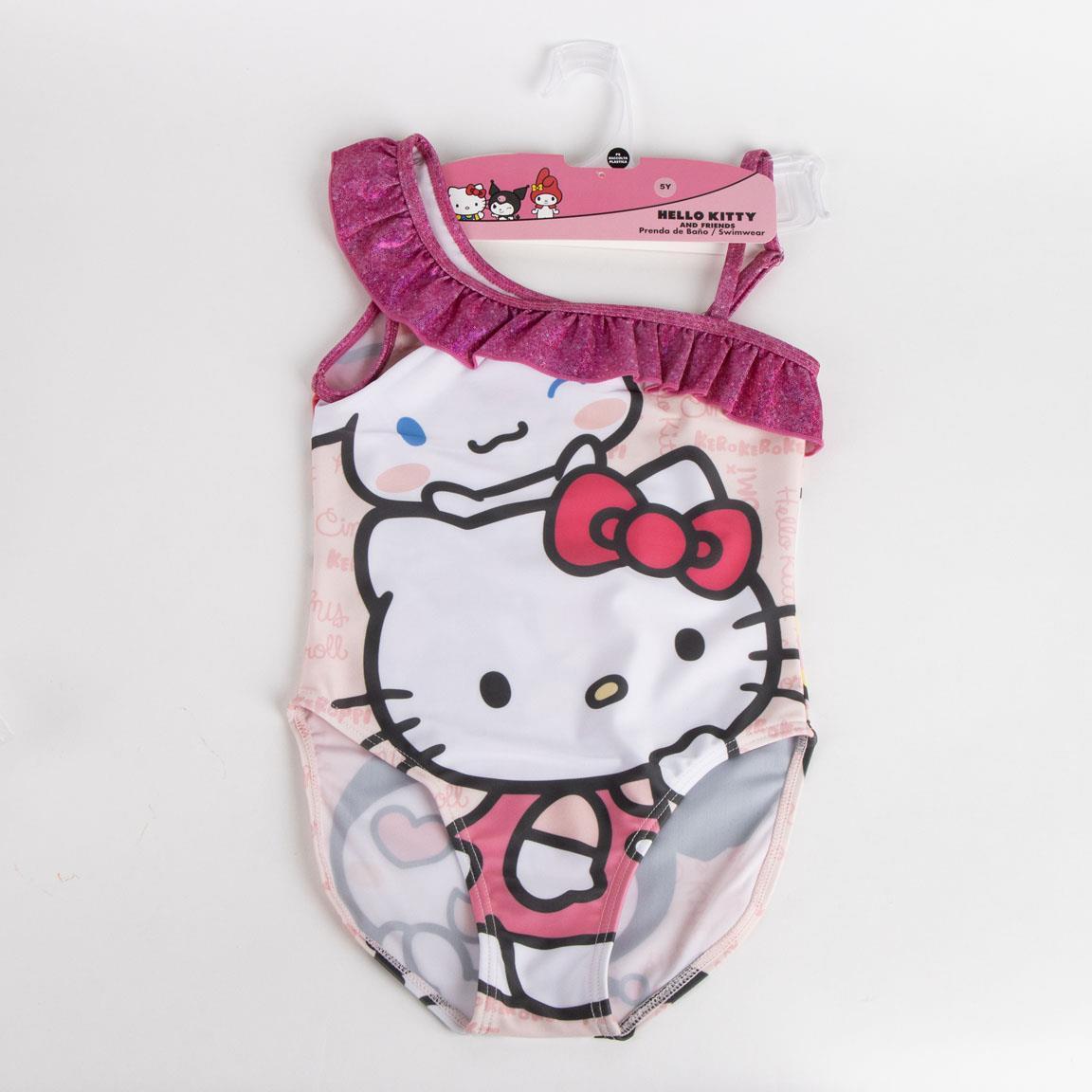 Maiô infantil Hello Kitty com babados e alças assimétricas rosa 5/5