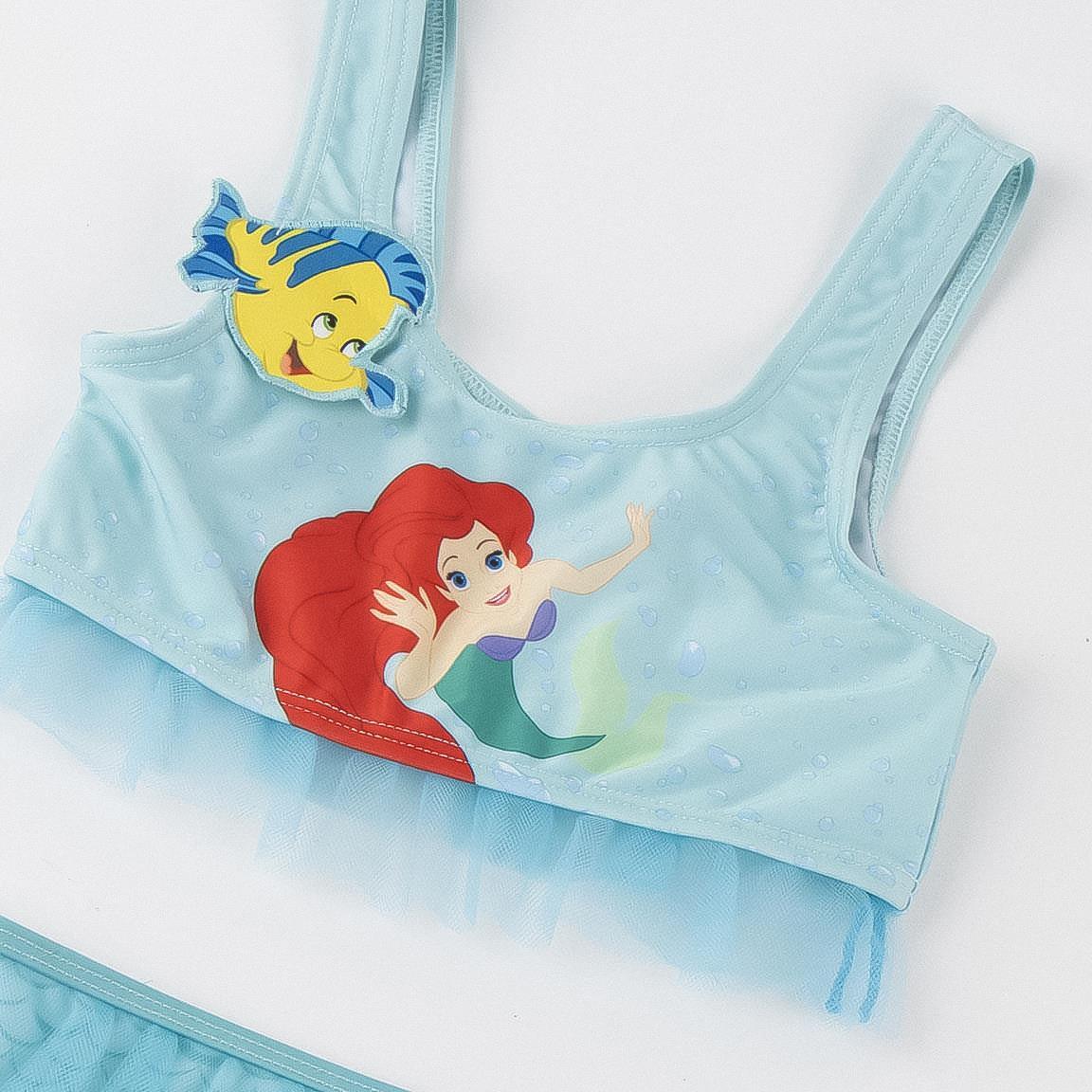 Biquíni infantil estilo princesa, em poliéster e elastano com babado turquesa. 3/6
