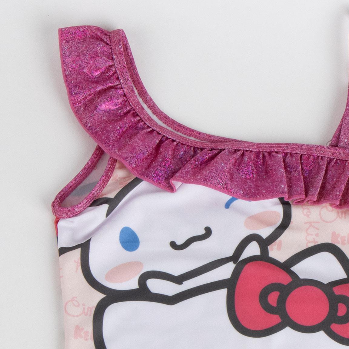 Maiô infantil Hello Kitty com babados e alças assimétricas rosa 3/5