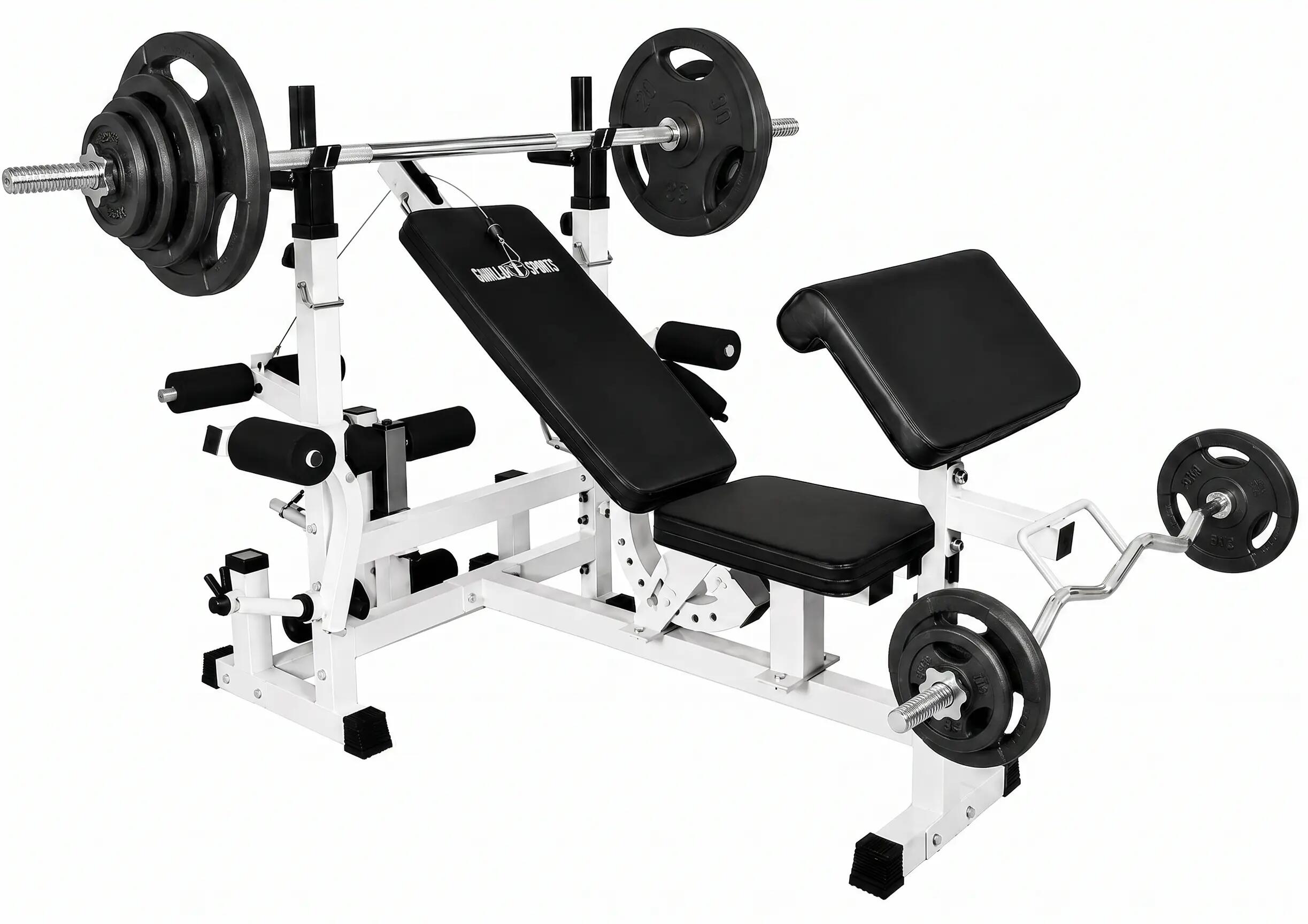 Ławka do wyciskania 6w1 biała + 2 sztangi żeliwne regulowane (zestaw 70 kg 30mm) 1/12