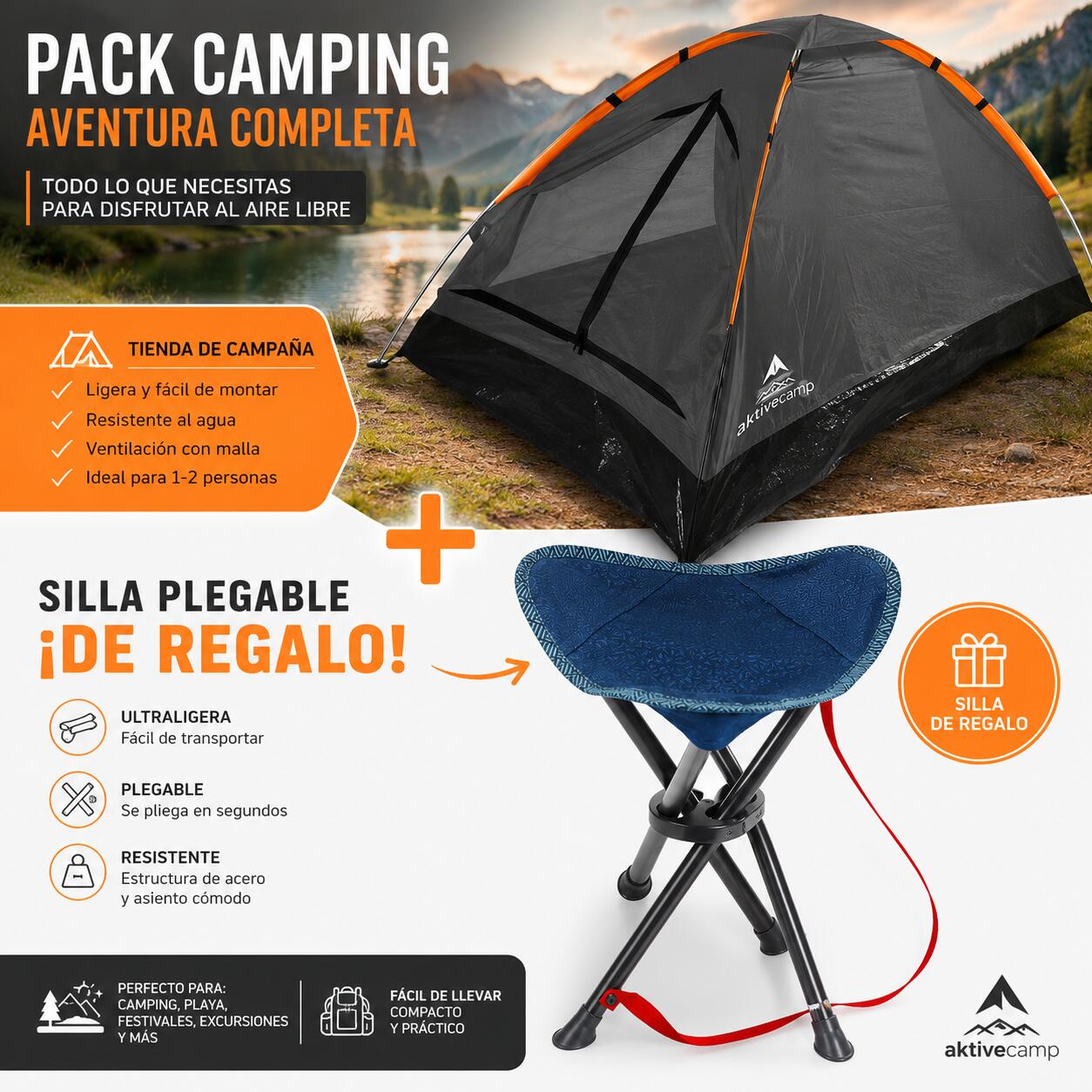 Tienda campaña camping 1-2 plazas espaciosa 200x120x100 cm + REGALO taburete 4/4