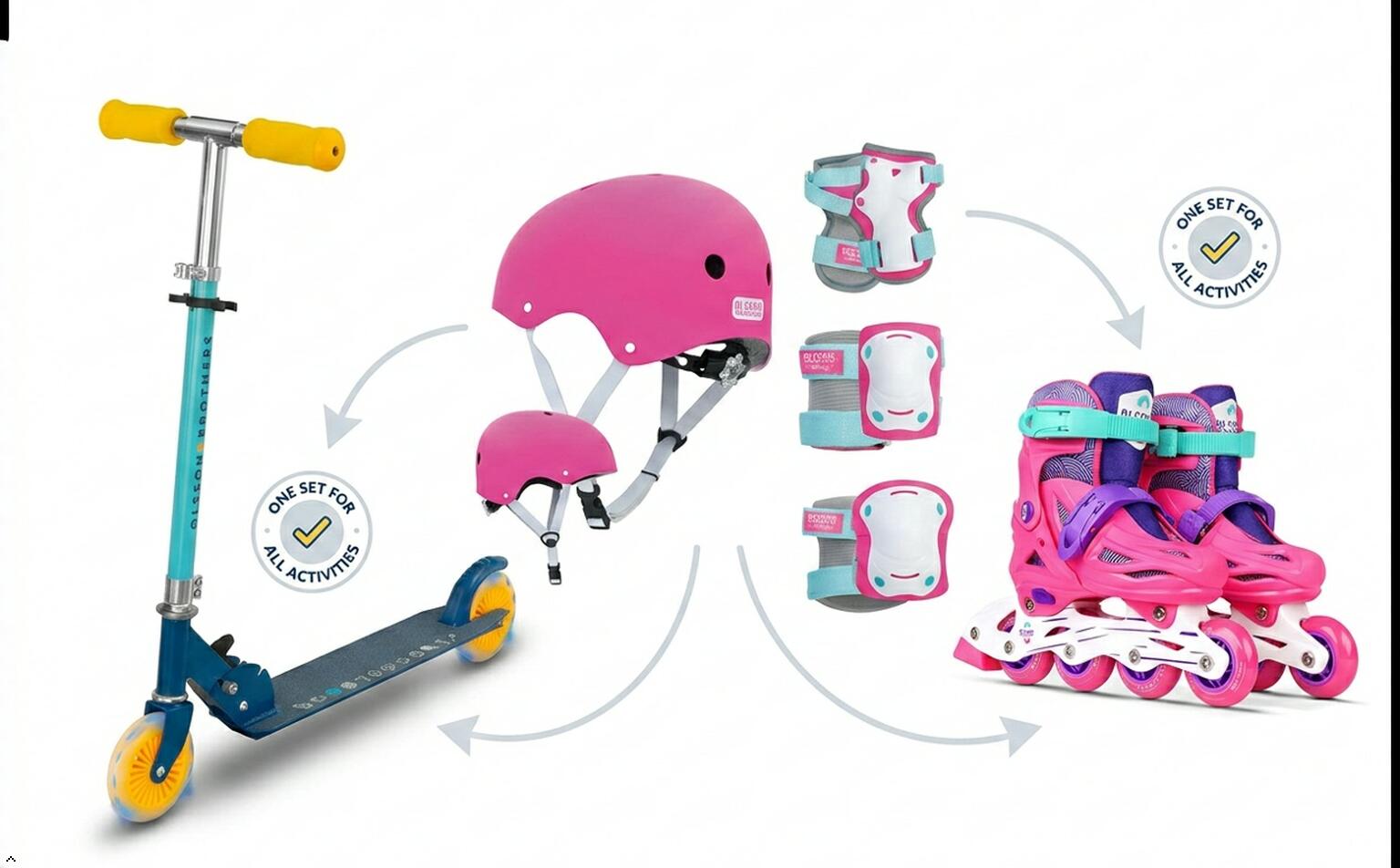 Casco Niño OLSSON Rosa M/L + Kit de Protecciones - Patinete Bici Patines Skate 4/7