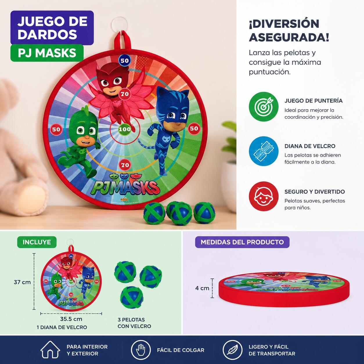 Diana infantil velcro Pj Masks para niños tablero tela 30x30 4 bolas adhesivas 3/3
