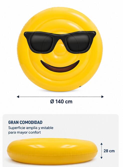 Colchoneta hinchable Emoji cara gafas 140cm PVC piscina playa ligera 5/5