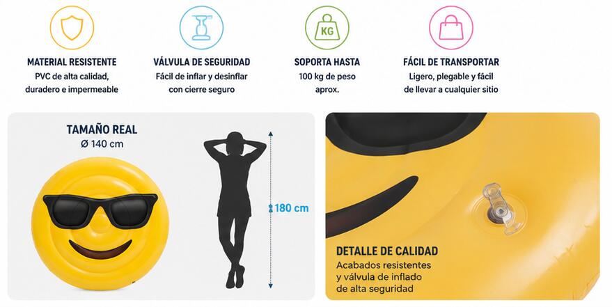 Colchoneta hinchable Emoji cara gafas 140cm PVC piscina playa ligera 4/5