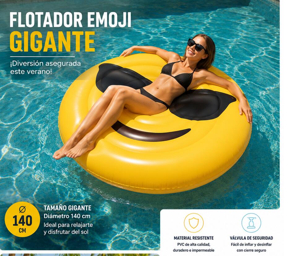 Colchoneta hinchable Emoji cara gafas 140cm PVC piscina playa ligera 2/5