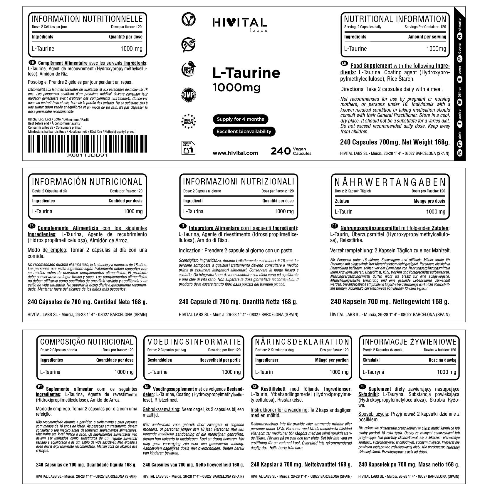L-Taurina 1000 mg | 240 cápsulas veganas 2/2