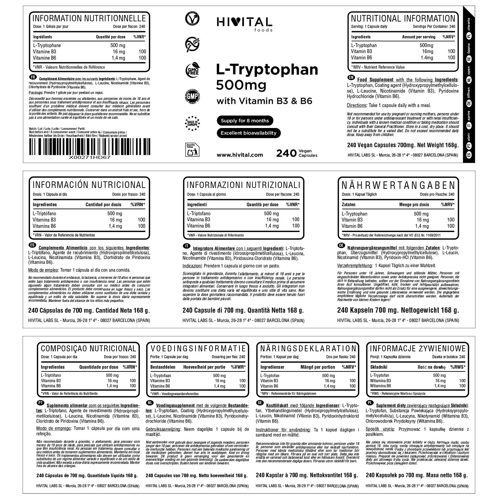 L-Triptófano 500 mg | 240 cápsulas veganas 2/2