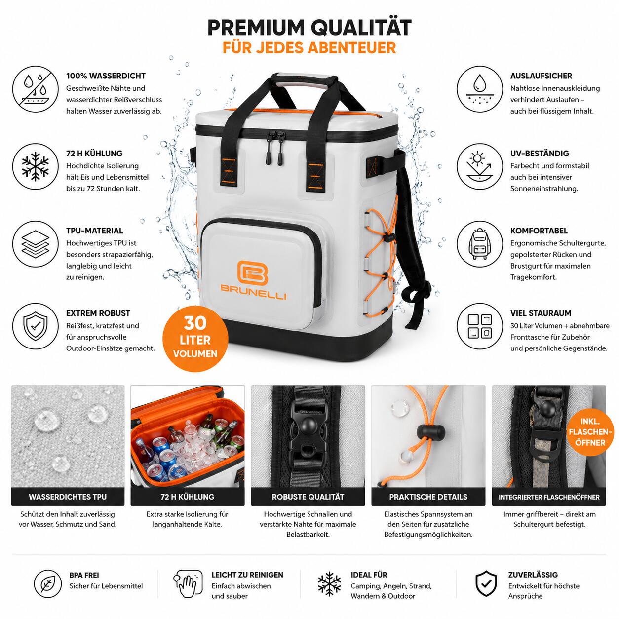 Zaino termico 30L impermeabile per campeggio, SUP e barca 4/8