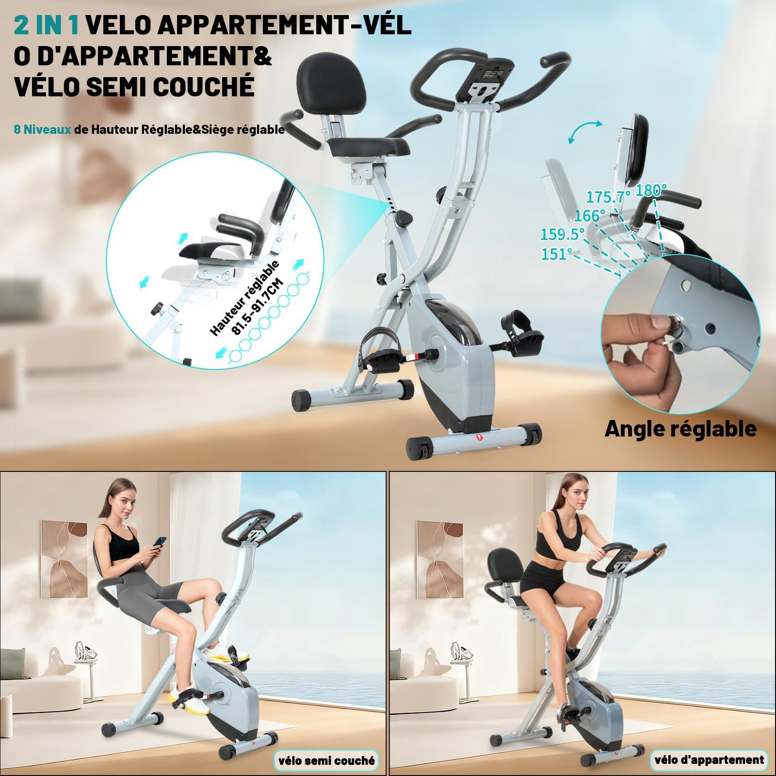2-IN-1 Vélo d'Appartement Pliable, Velo Appartement Cardio Training 8 Niveaux 3/7