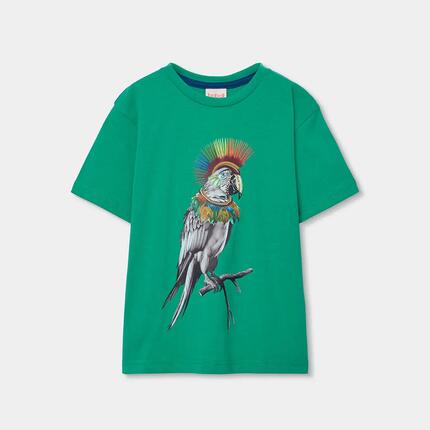 Camiseta de Algodón para Niño Verde con Estampado de Pájaro Exótico