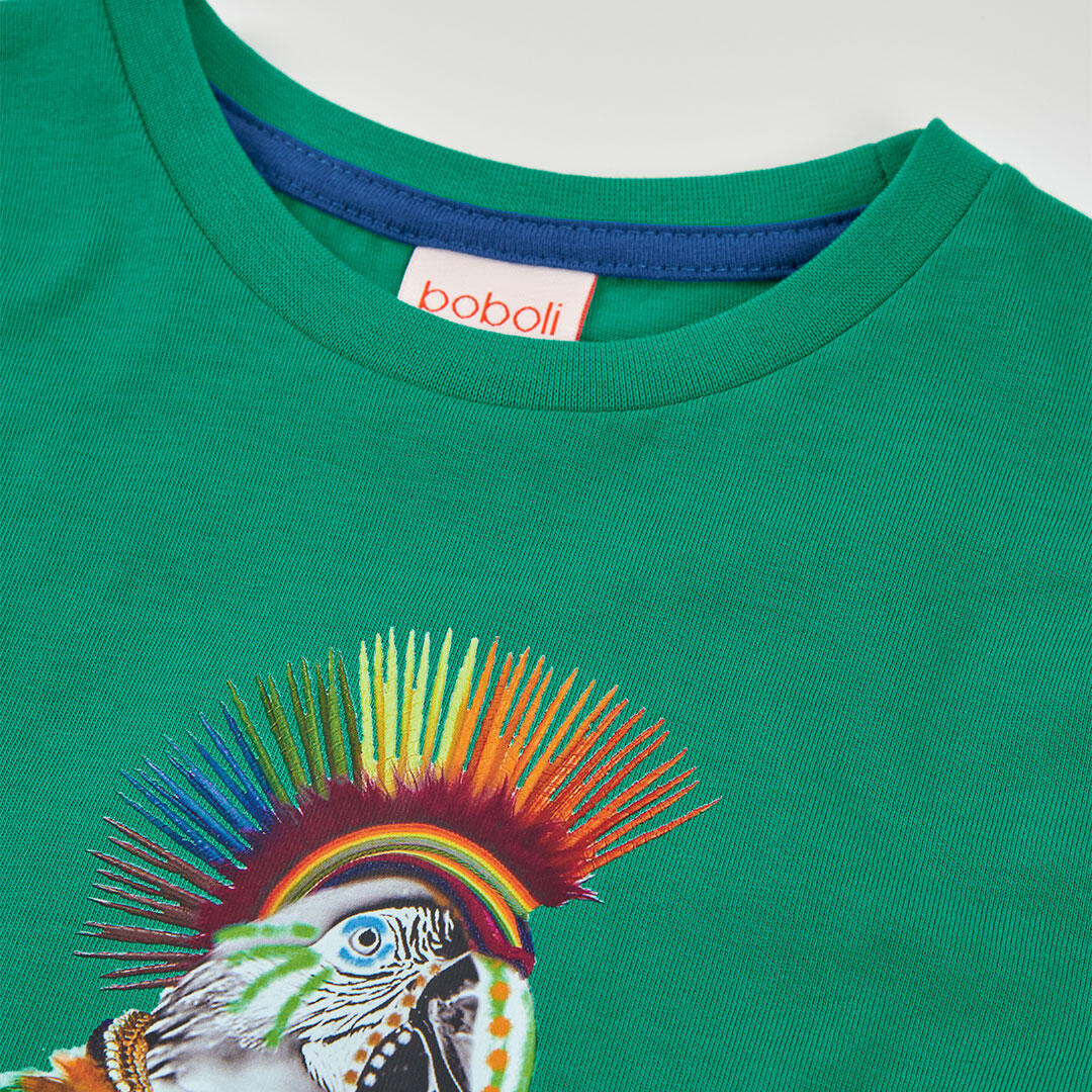 Camiseta de Algodón para Niño Verde con Estampado de Pájaro Exótico 3/4