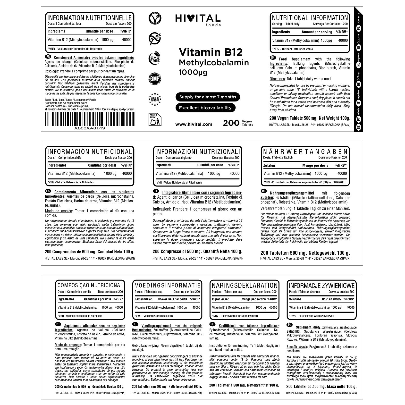 Vitamina B12 Metilcobalamina 1000 mcg | 200 comprimidos veganos 2/2