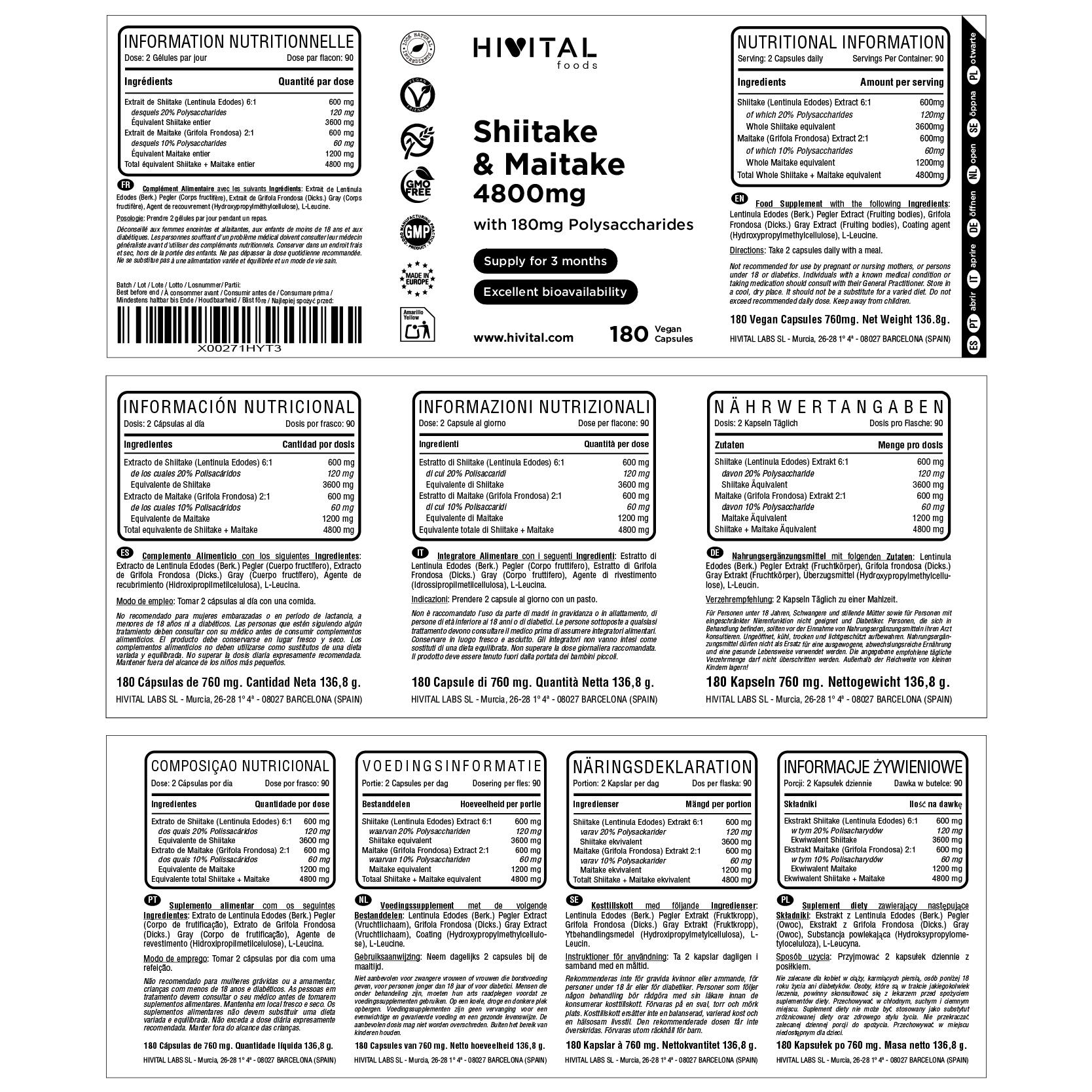 Shiitake y Maitake 4800 mg | 180 cápsulas veganas 2/2