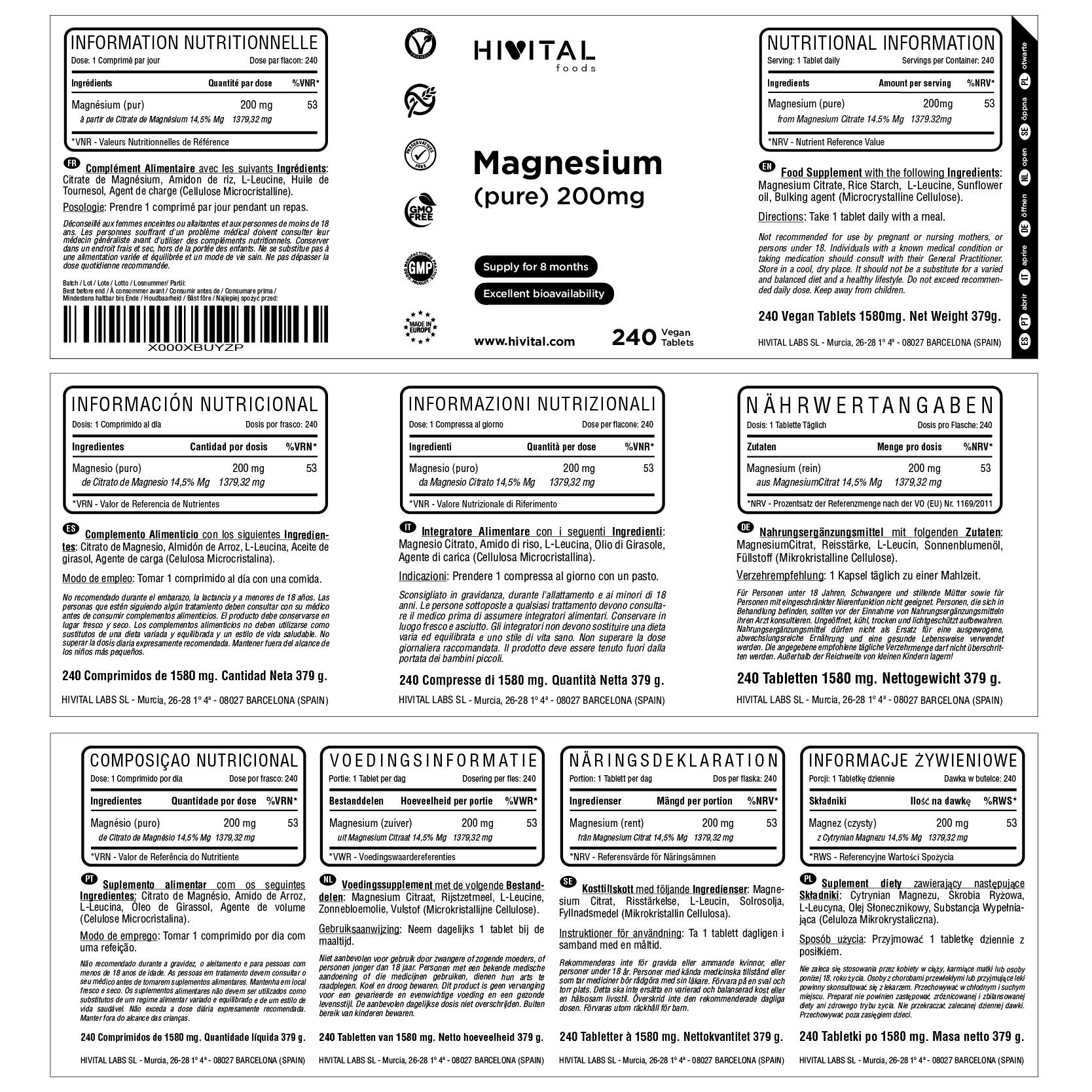 Magnesio 200 mg (Citrato de Magnesio) | 240 comprimidos veganos 2/2