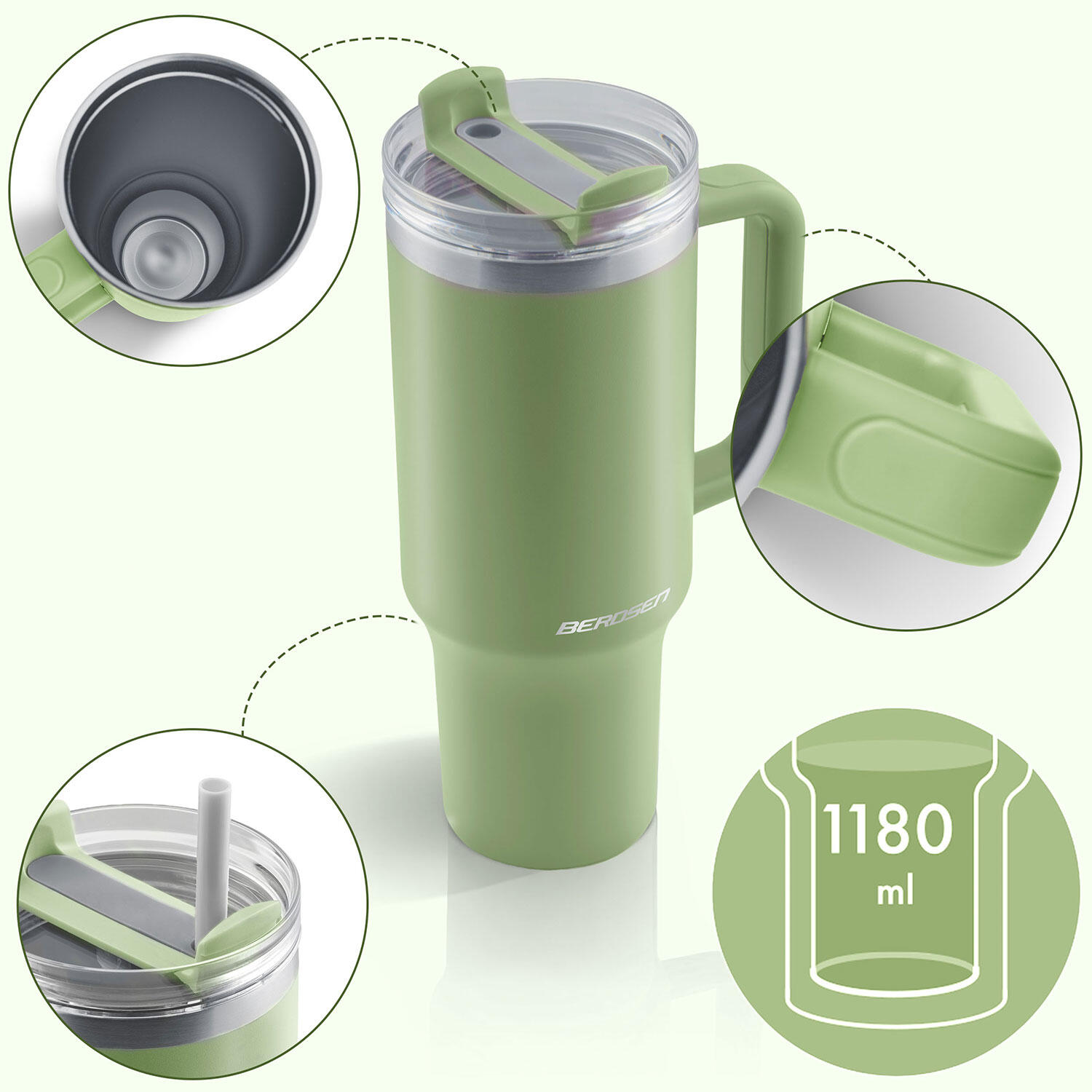 Kubek termiczny Berdsen zielony 1180ml stal nierdzewna + zestaw słomek 5/12