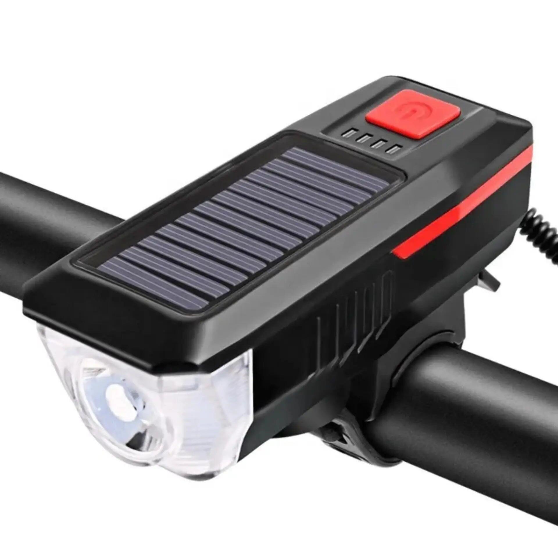 Far fata bicicleta solar si USB reincarcabil - 350 lumeni cu claxon
