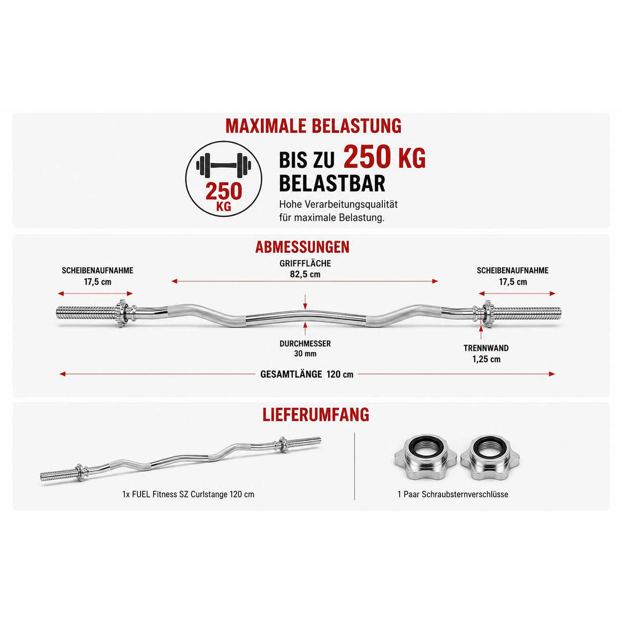 SZ-Hantelstange Curlstange 120cm 30mm inkl. Sternverschluss bis 250kg 2/3