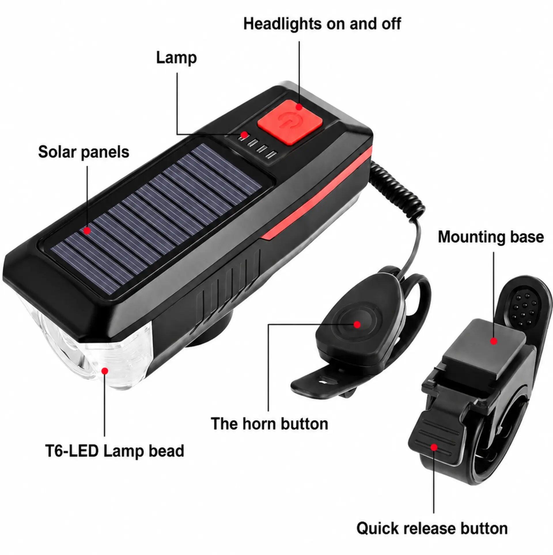 Przednia lampka rowerowa solarna i USB – 350 lumenów, klakson 120 dB 2/7